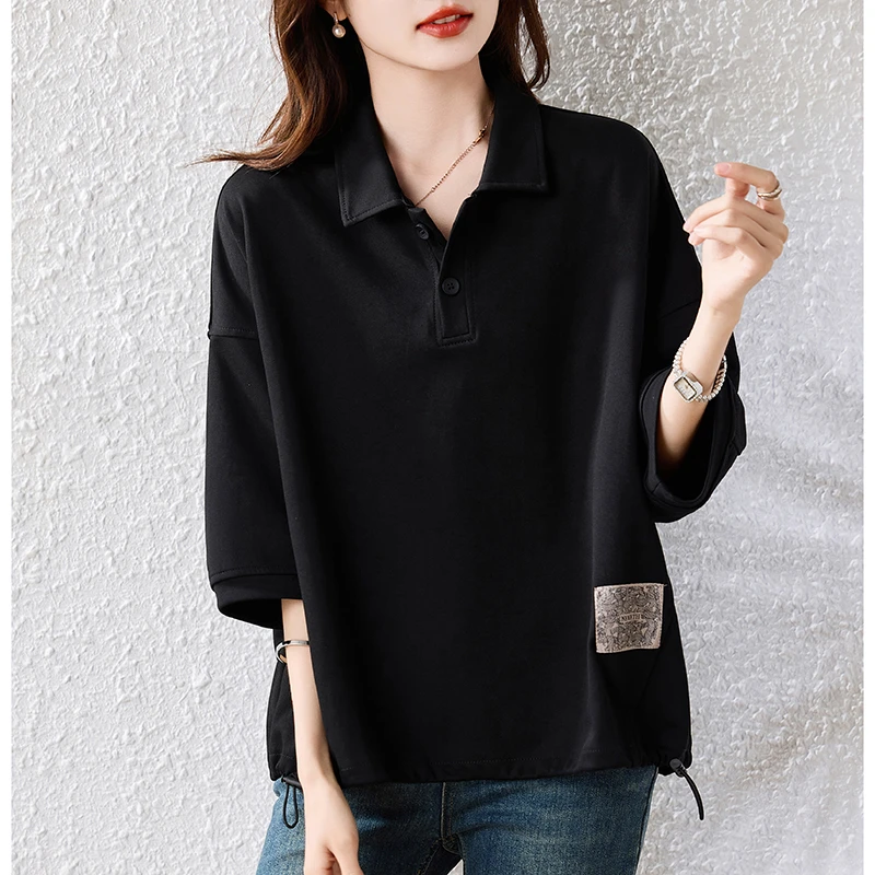 【女神新衣】2025新款大码宽松显瘦后背图案设计感休闲百搭抽绳T恤