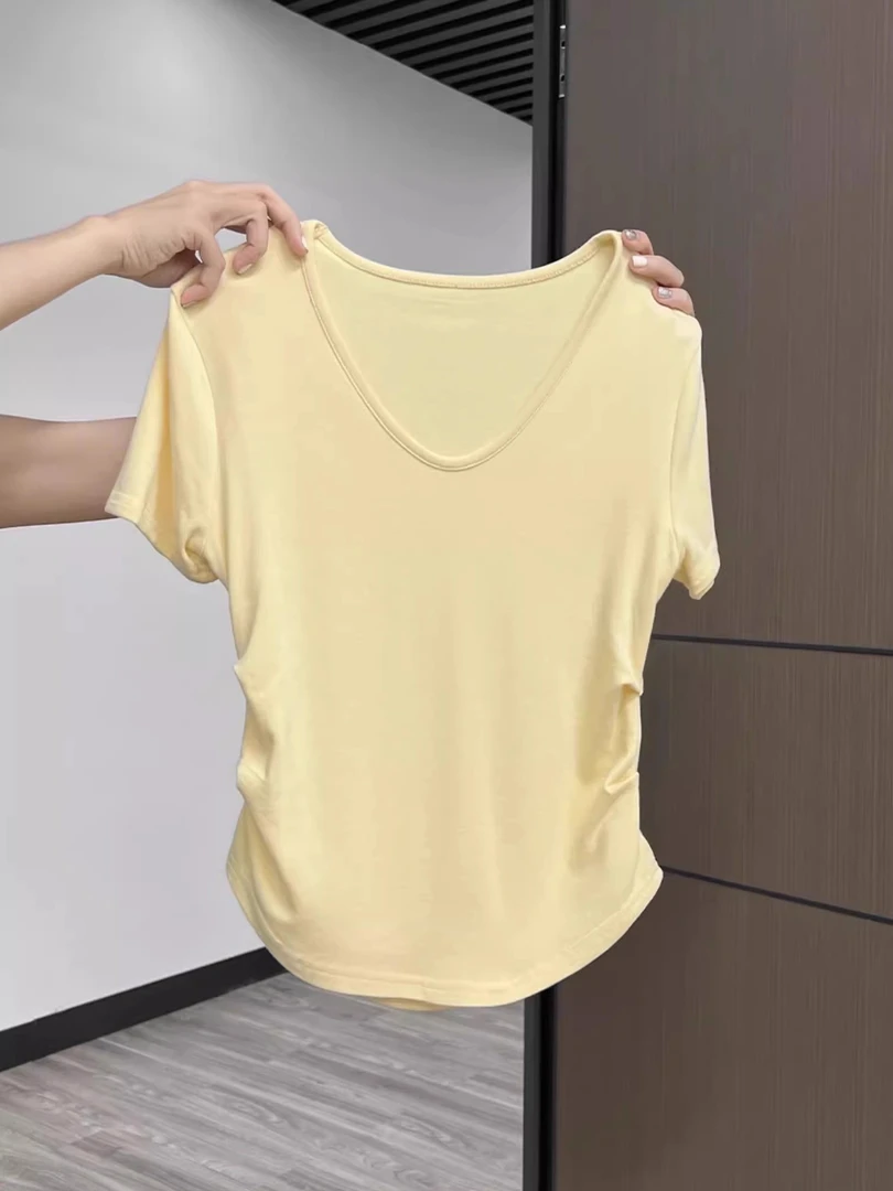 纯棉正肩短袖t恤女夏季小个子洋气百搭v领露锁骨褶皱收腰短款上衣
