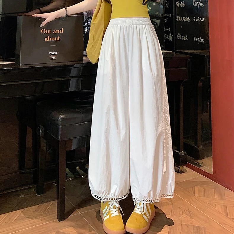白色冰丝镂空休闲裤女2025夏季宽松百搭阔腿裤速干花边九分灯笼裤