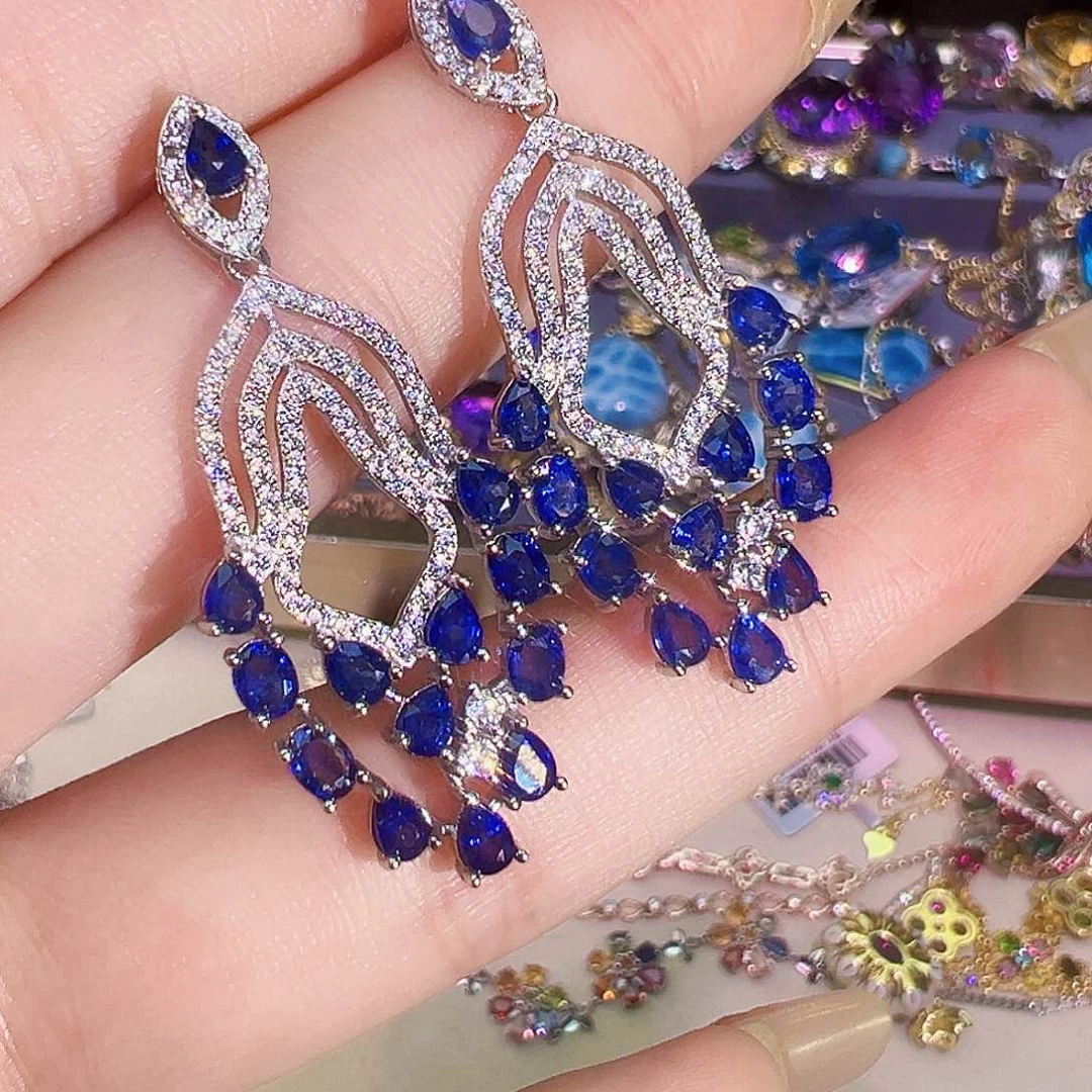 蓝宝石耳钉银S925镶嵌