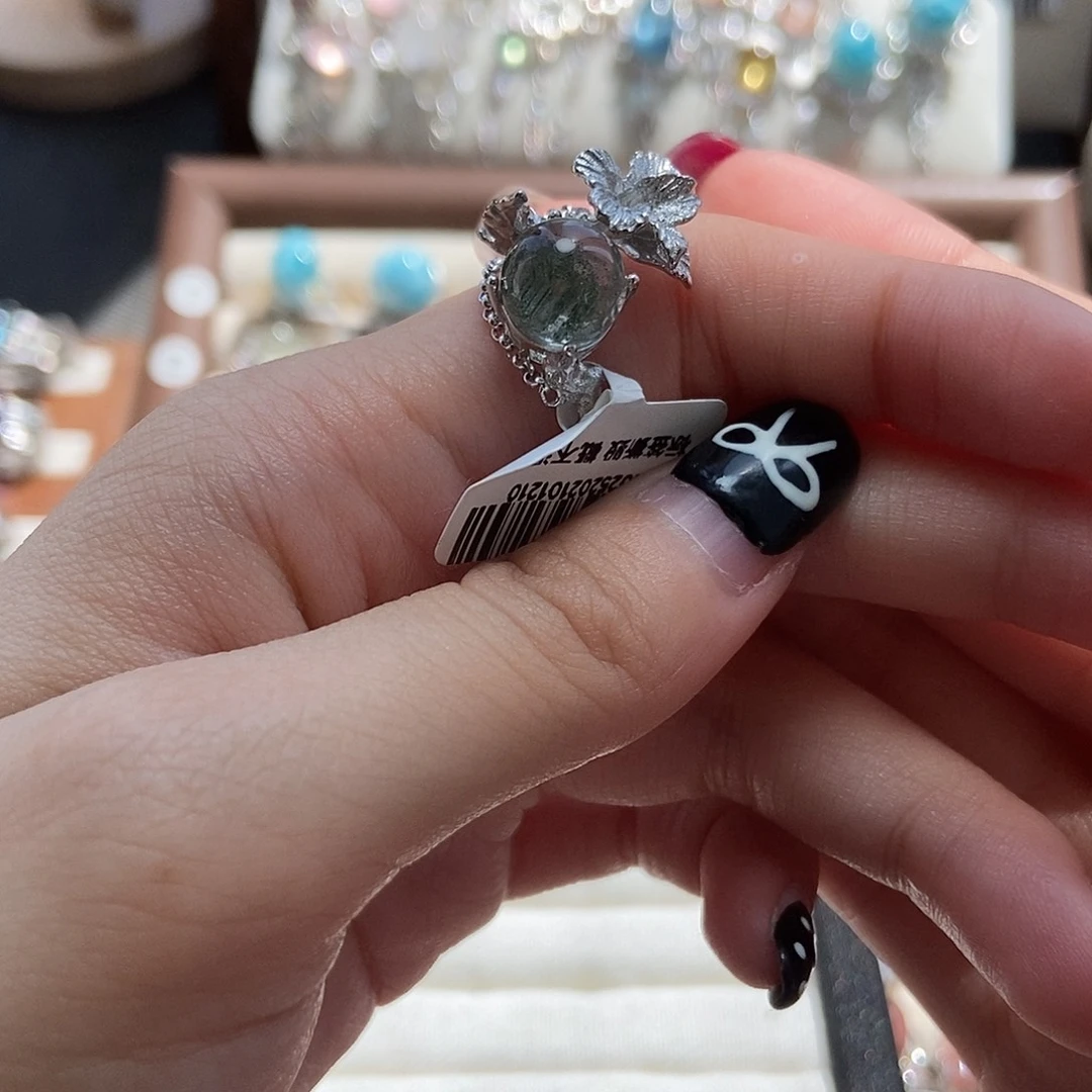 水晶戒指银S925镶嵌桃**克绿幽灵