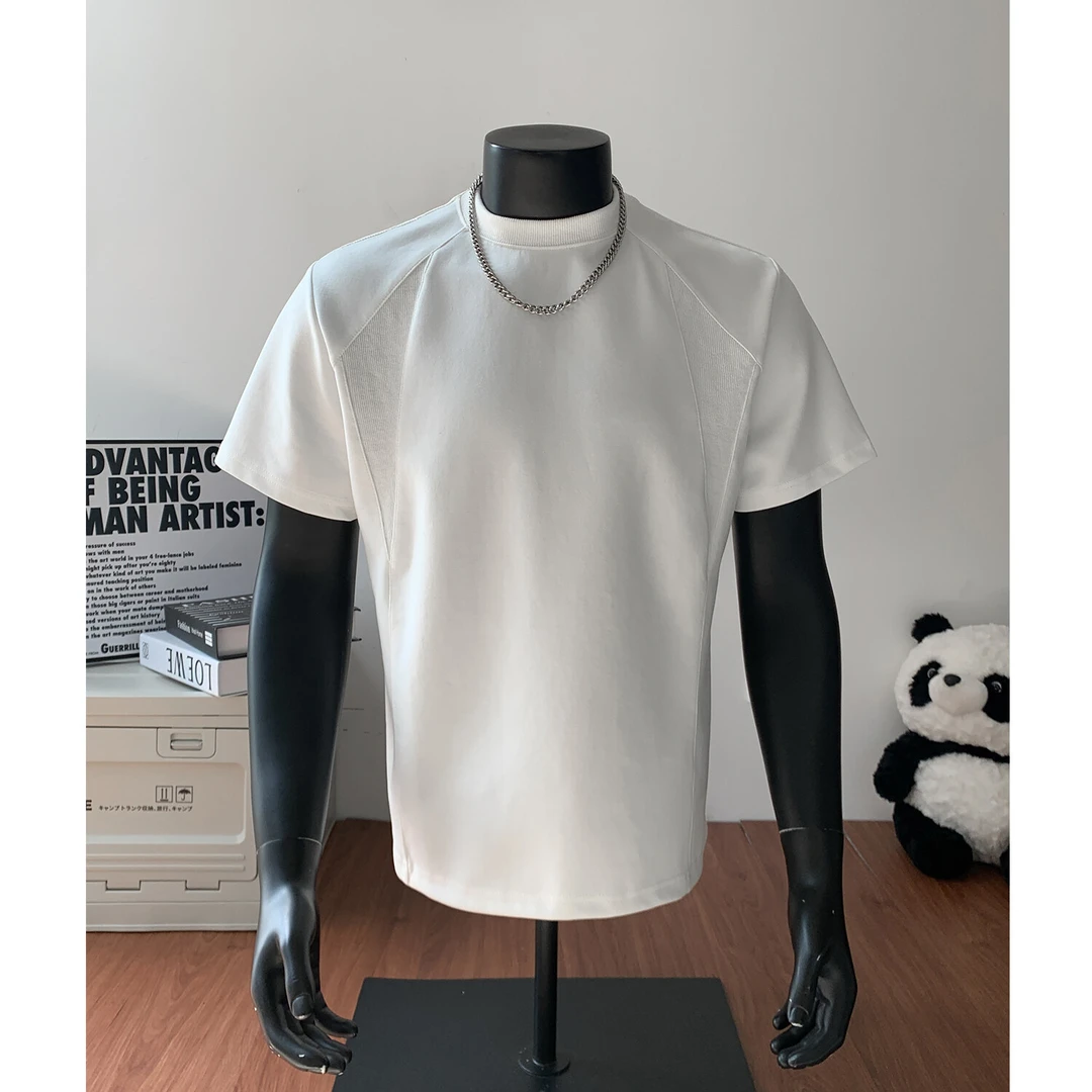 白色正肩男生短款t恤男夏季解构美式小领口短袖液氨棉重磅五分袖