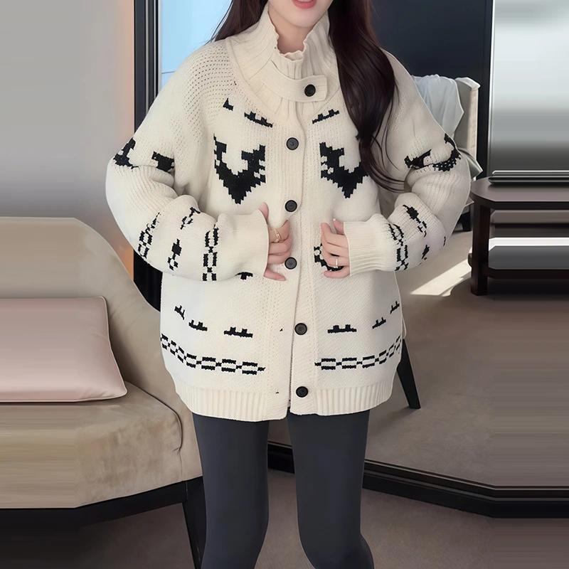 韩系温柔设计感小个子学院风立领针织衫女装秋冬宽松百搭软糯毛衣