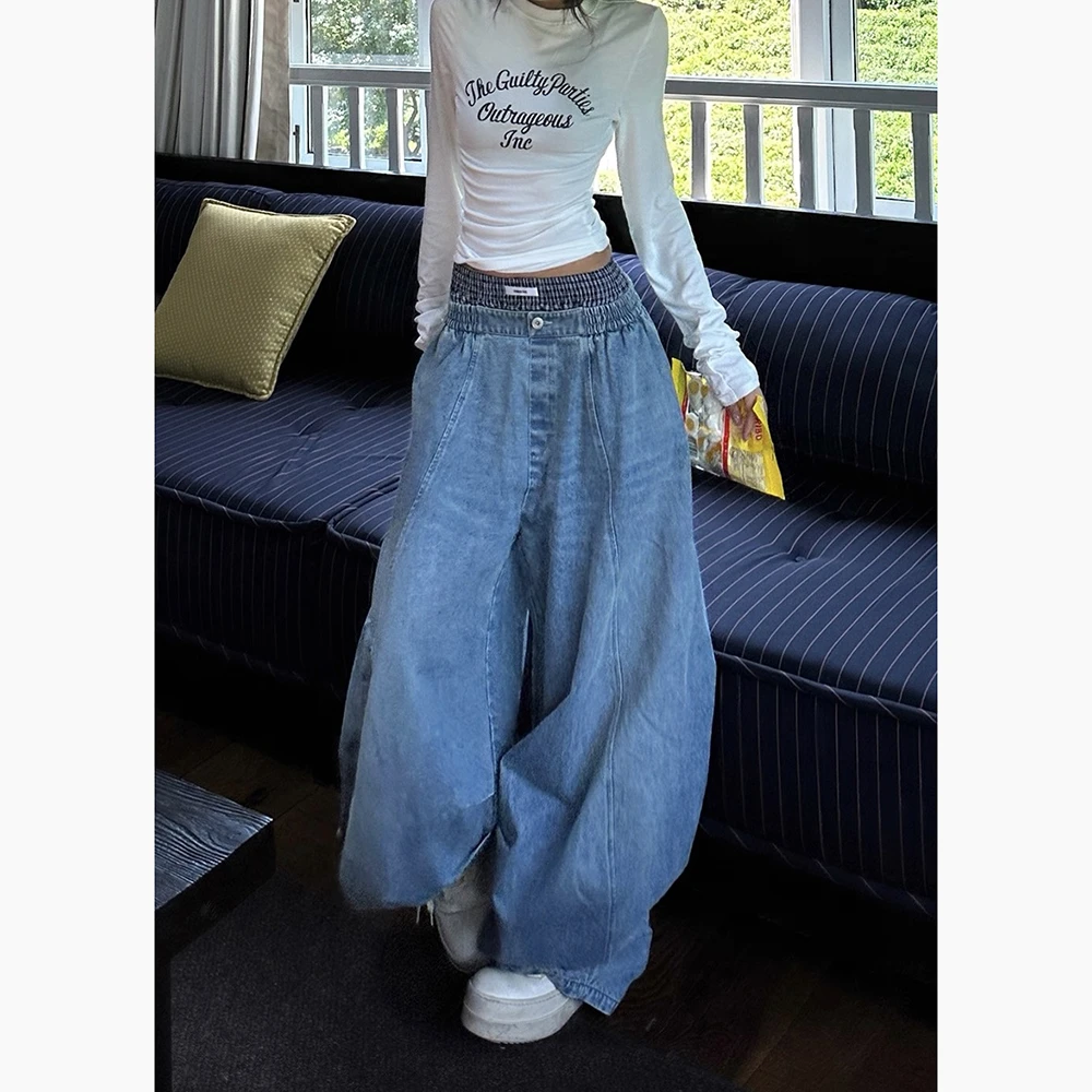 美式复古蓝色工装裤女2025秋季新款街头辣妹垂坠感显瘦阔腿长裤子