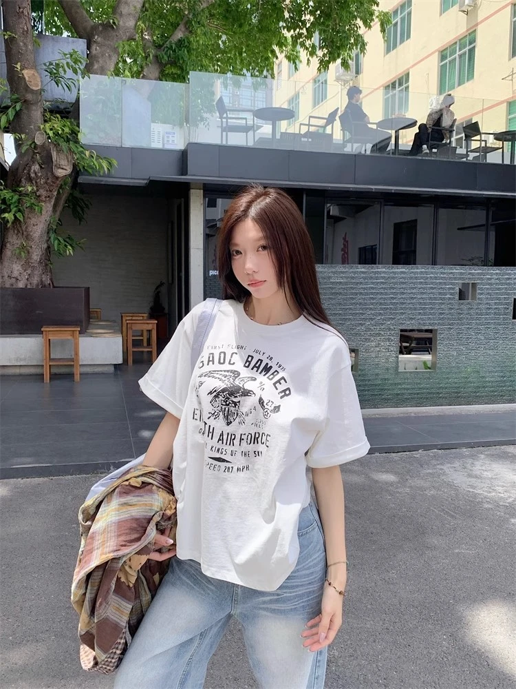 美式复古白色字母短袖T恤女夏季设计感小众半袖圆领宽松休闲上衣
