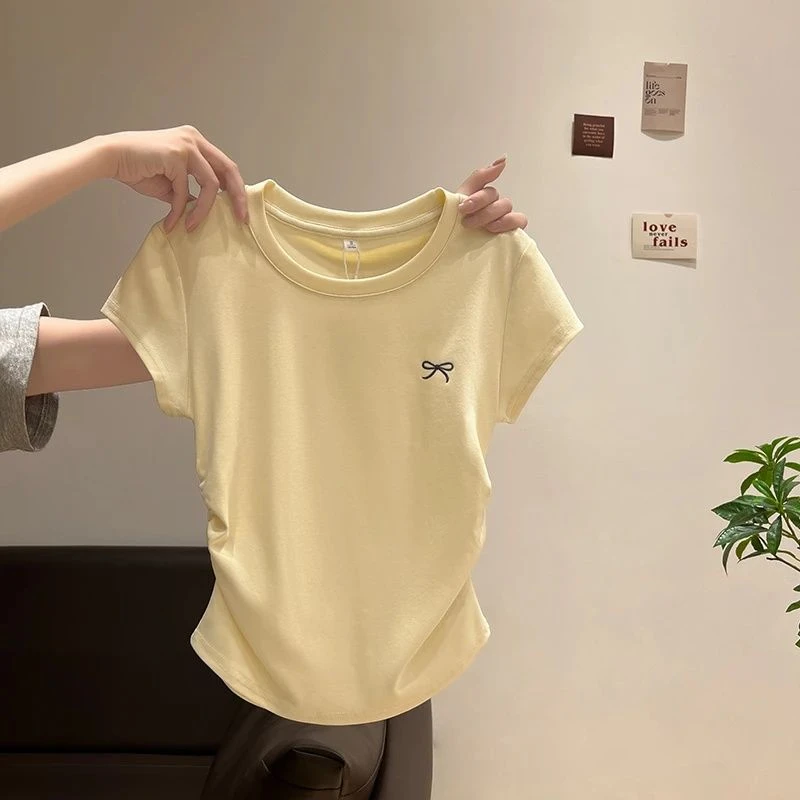 甜辣妹蝴蝶结刺绣圆领短袖夏季正肩T恤女褶皱弹力修身收腰短上衣