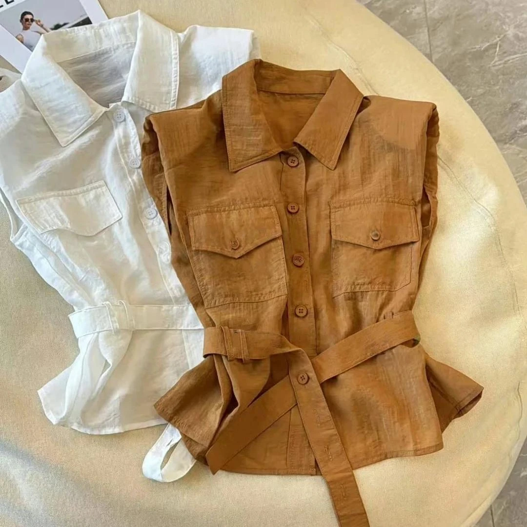 夏季韩系收腰显瘦坎肩袖气质小衫百搭女2025夏季新款显瘦纯色上衣