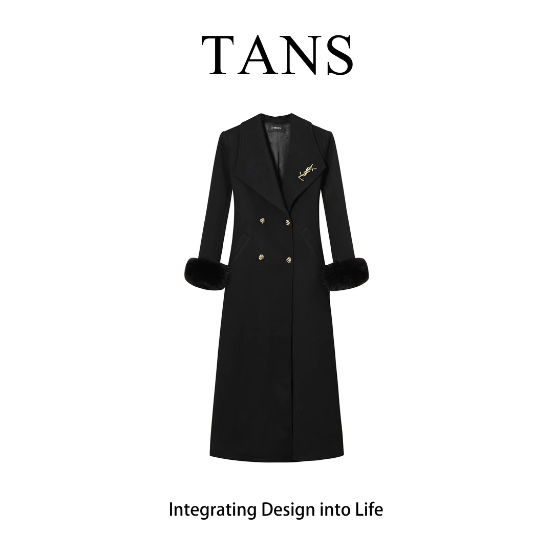 TANS【秋冬新品】黑色轻奢高级感西装领长款外套冬女保暖收腰