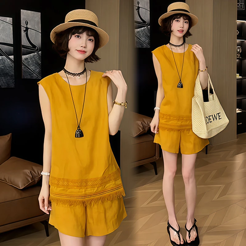 小个子韩版时尚套装女2025年夏季新款宽松简约无袖上衣短裤两件套