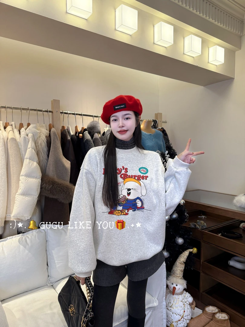 【古古】12.20新韩系兔兔印花加绒宽松慵懒风休闲圆领长卫衣 G24718