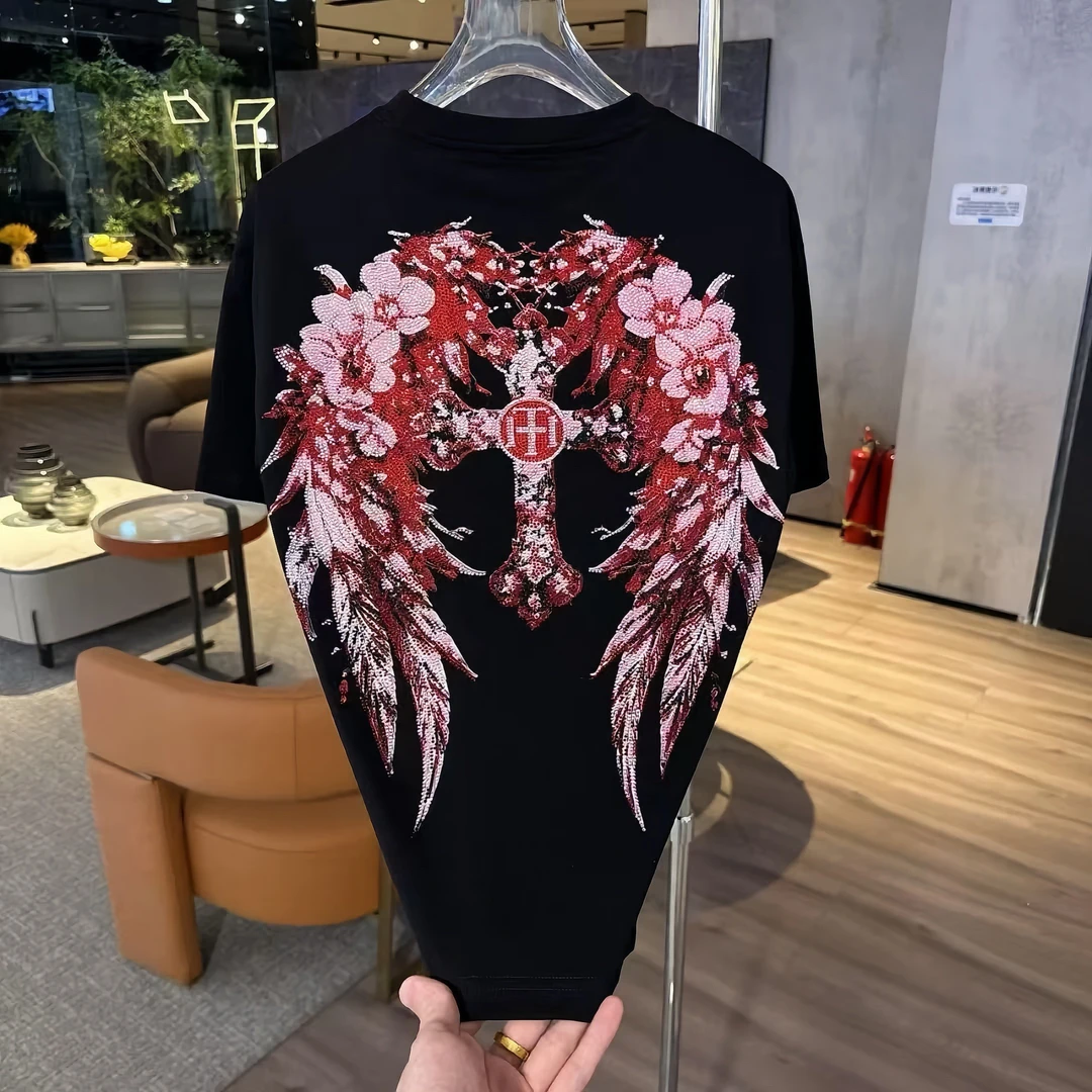 2025新品ins风翅膀烫钻宽松圆领短袖T恤男士夏季时尚百搭休闲潮衣