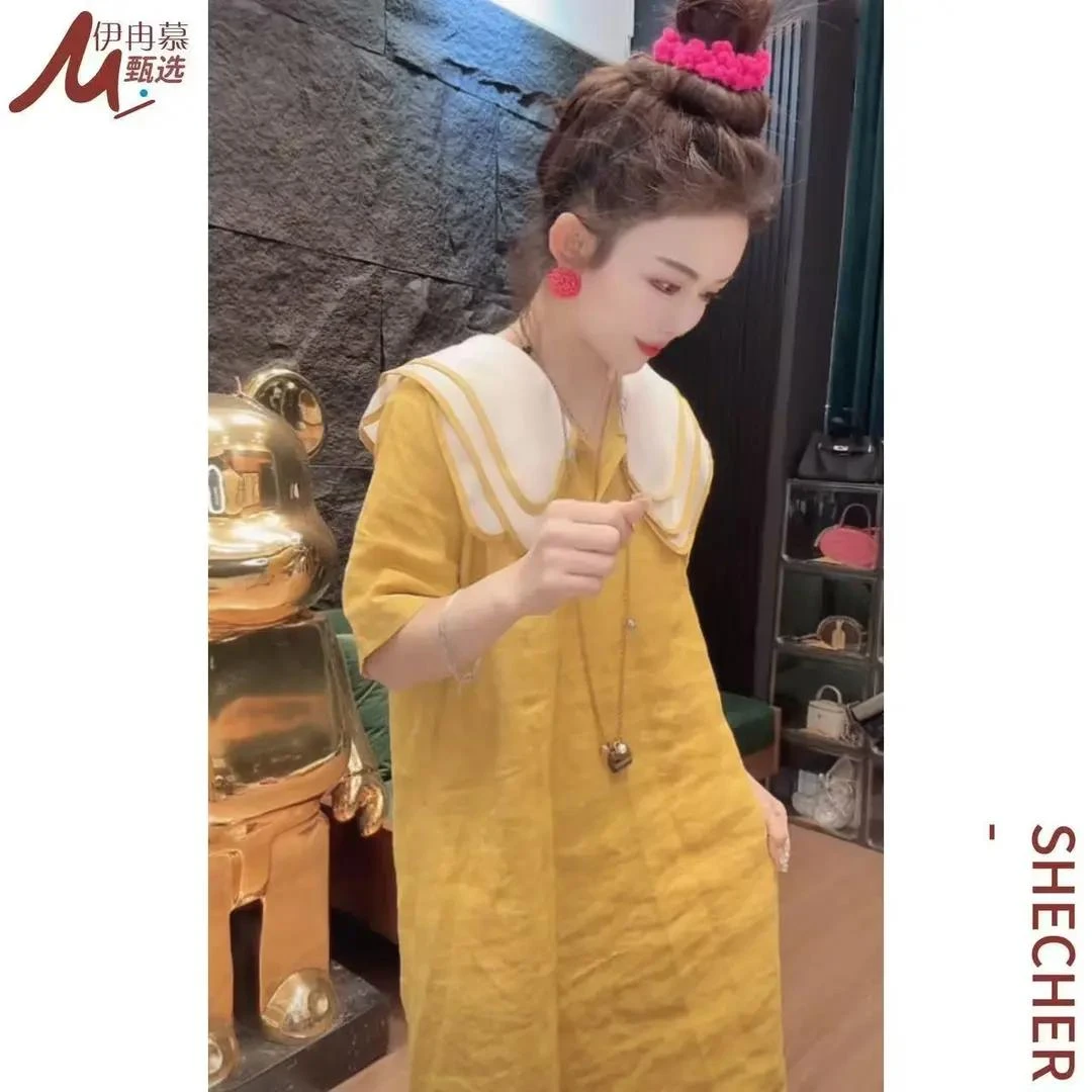 娃娃领夏季套头透气中长裙连衣裙减龄拼接中长款法式