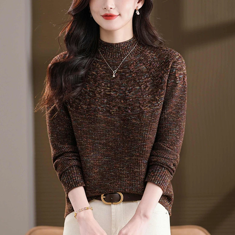 秋冬2025新款大码长袖针织衫女宽松显瘦遮肉洋气毛衣半高领打底衫