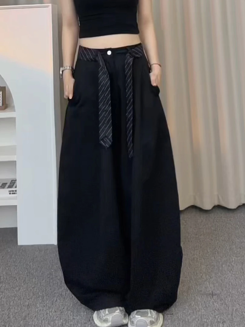 韩式黑色女士快干阔腿裤2025夏季新时尚优雅百搭轻便休闲工装裤