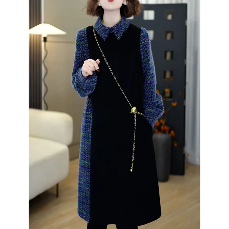 甜美名媛拼接POLO领通勤A字裙女2025秋冬新款时尚洋气遮肉连衣裙