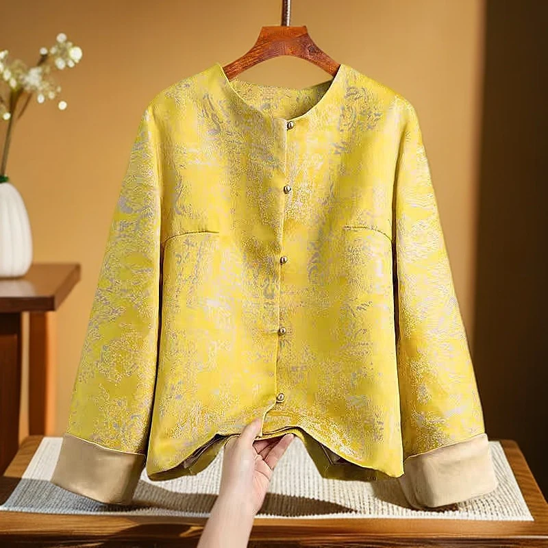 高贵气质黄色提花短外套女圆领宽松唐装复古国风新中式宽松上衣
