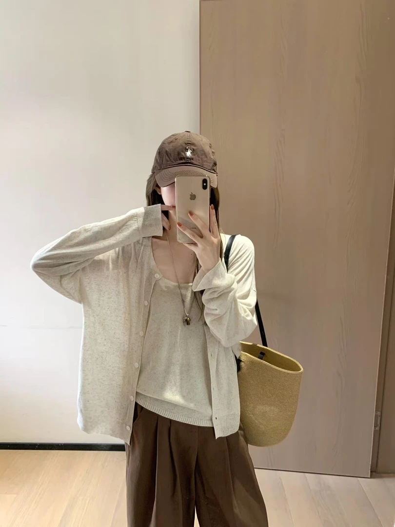 韩11高级感混纺杂色亚麻休闲背心搭配外套开衫老钱风两件套