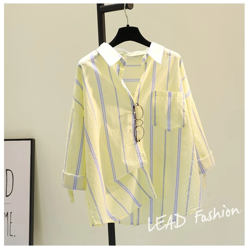 8075韩版百搭时尚新款条纹衬衫女宽松慵懒风设计感小众长袖衬衣潮