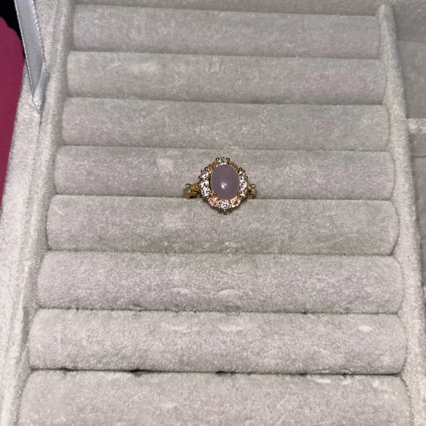 合金仿水晶戒指 活口通用粉晶蛋面芙蓉石轻奢设计指环复古首饰