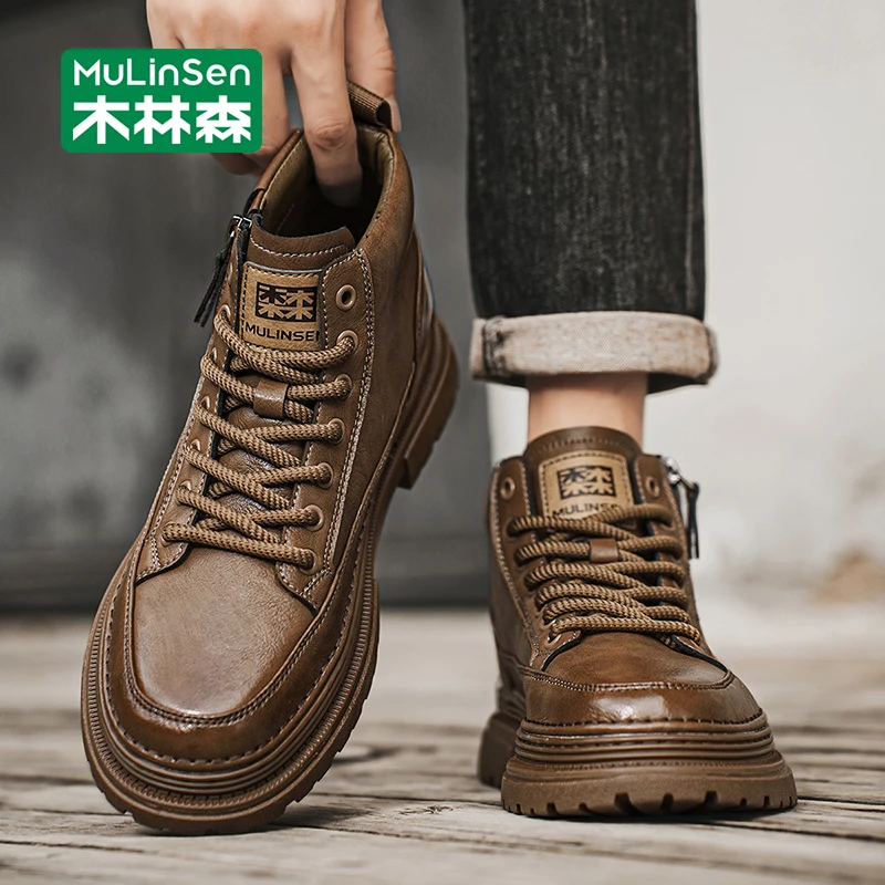 木林森工装靴男款2025新款秋季英伦风运动休闲厚底增高男士马丁靴