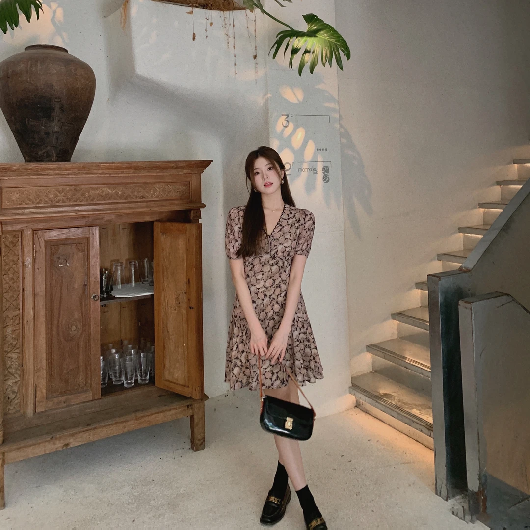 ASM ANNA◆ 中古贝壳裙~气质V领收腰显瘦泡泡袖印花连衣裙A10656