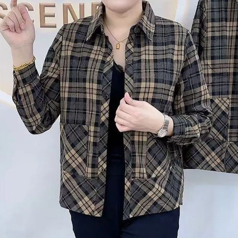 时尚百搭薄款格子衬衫2025春季新款国风休闲中年妈妈衬衣格子上衣