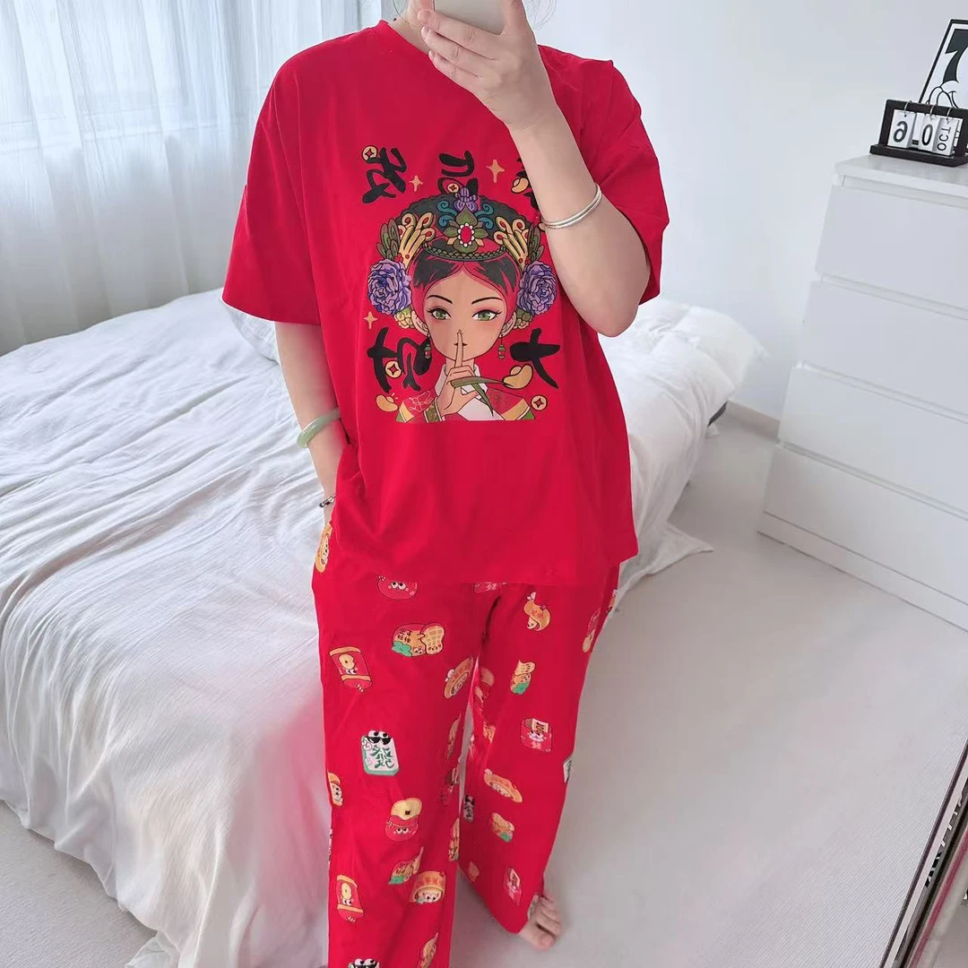 新红色AB版喜庆休闲大码舒适睡衣女套装印花宽松短袖长裤家居服
