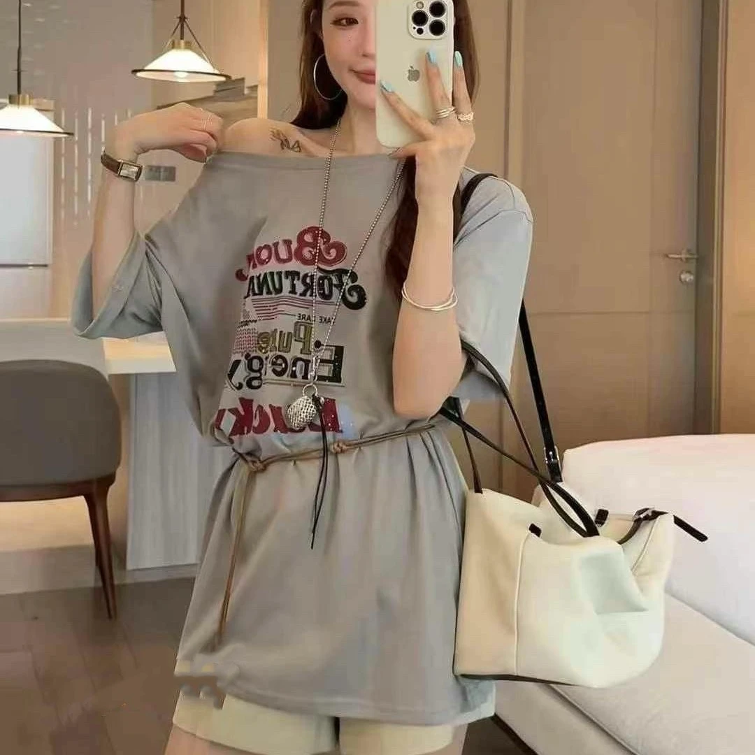 025春夏新款韩系简约千金清冷感印花配腰带短袖T恤女百搭上衣ins