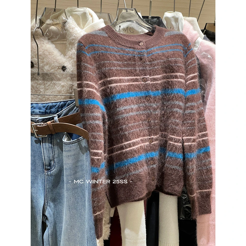 【复古条纹毛衣】欧洲站冬季百搭山毛绒高品质开衫166110