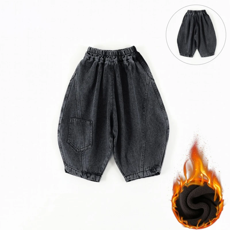 现货博瑞妈【加绒】儿童牛仔裤冬季新款男童长裤拼接保暖裤子CK399