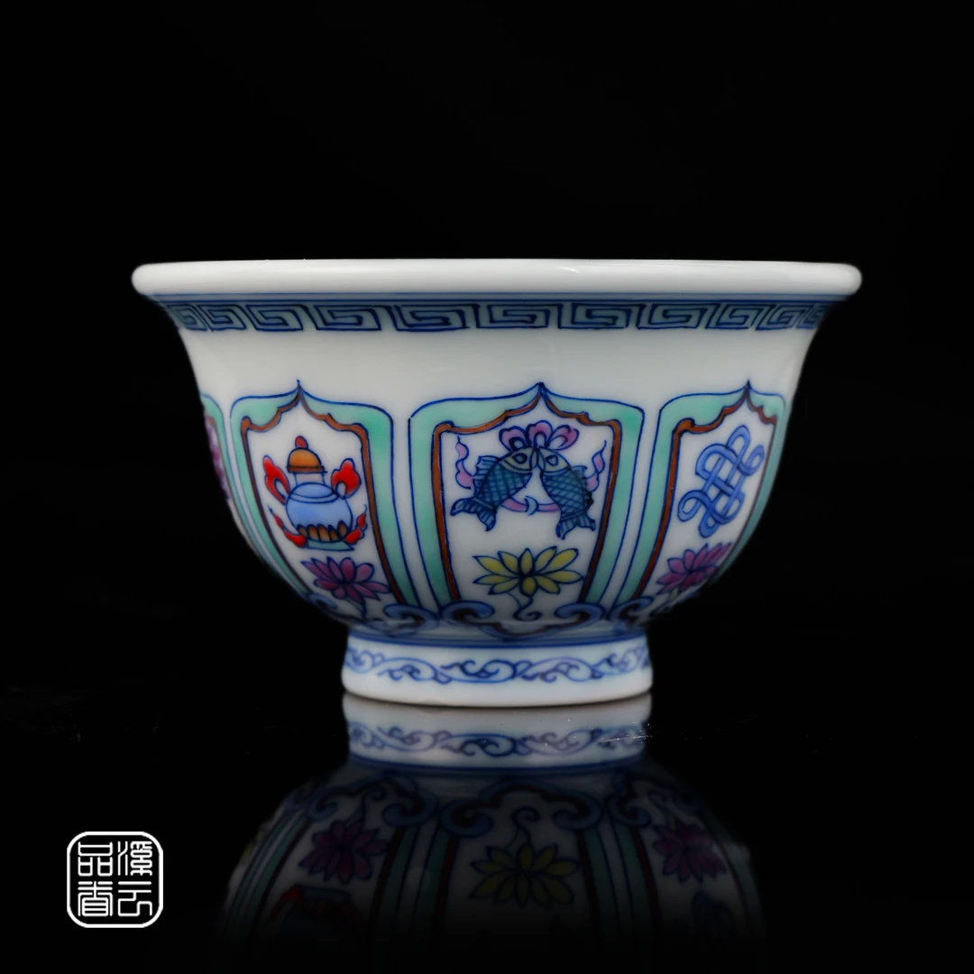 善听斗彩 景德镇手工手绘青花斗彩开窗莲托八宝小压手杯主人杯