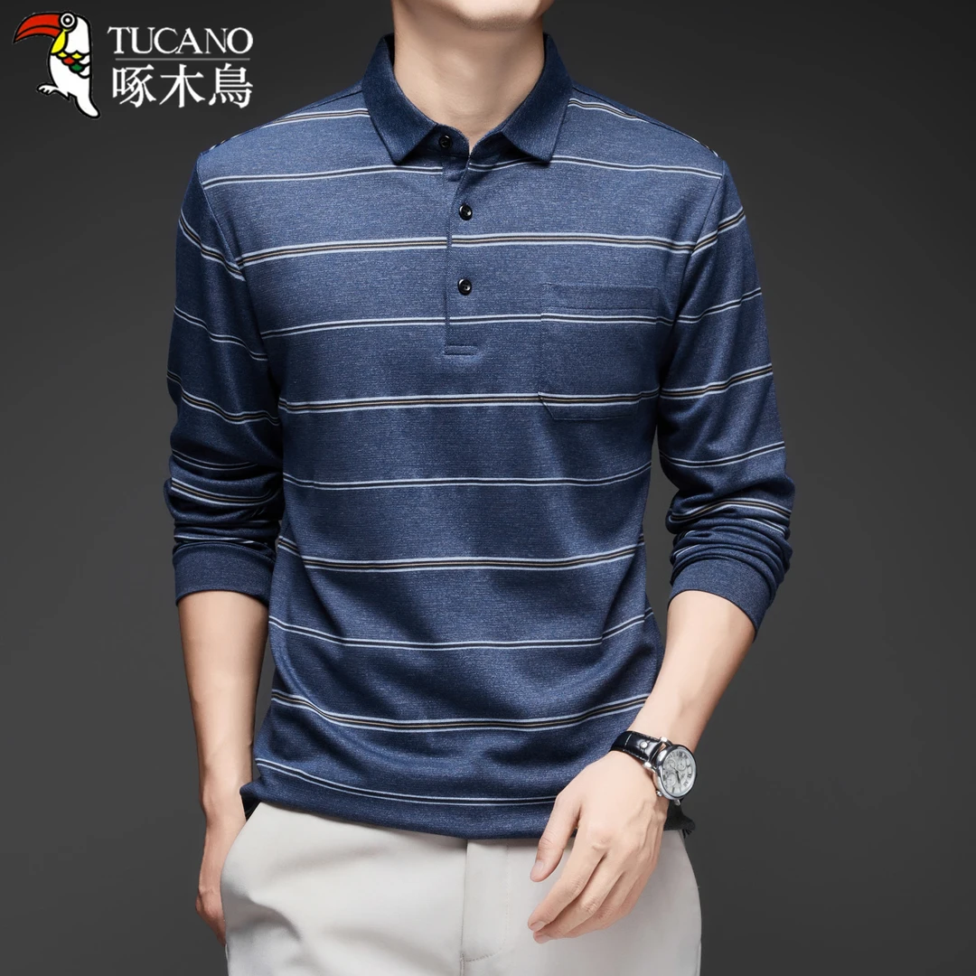 【纯色条纹】啄木鸟2025春秋新款男士翻领套头中青年长袖POLO衫上衣