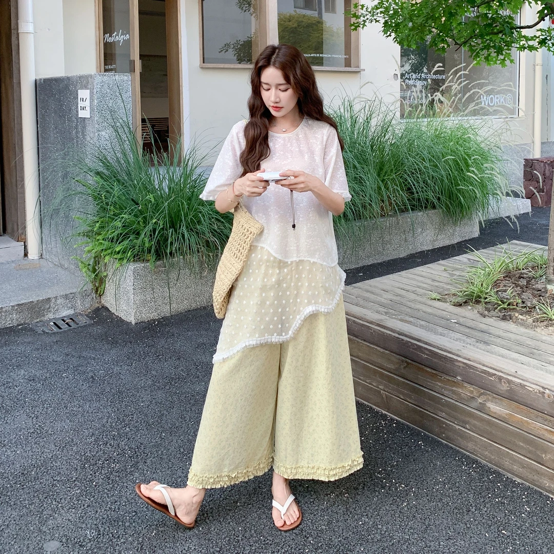 盐甜系穿搭套装裤女2025夏季新款森系不规则蕾丝罩衫阔腿裤两件套