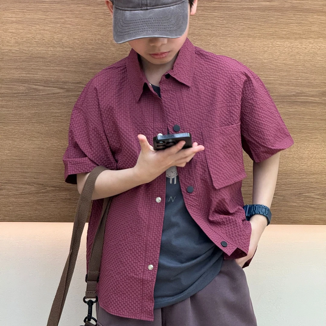 vilimama25年夏款男童泡芙开衫红色格子短袖衬衫64033