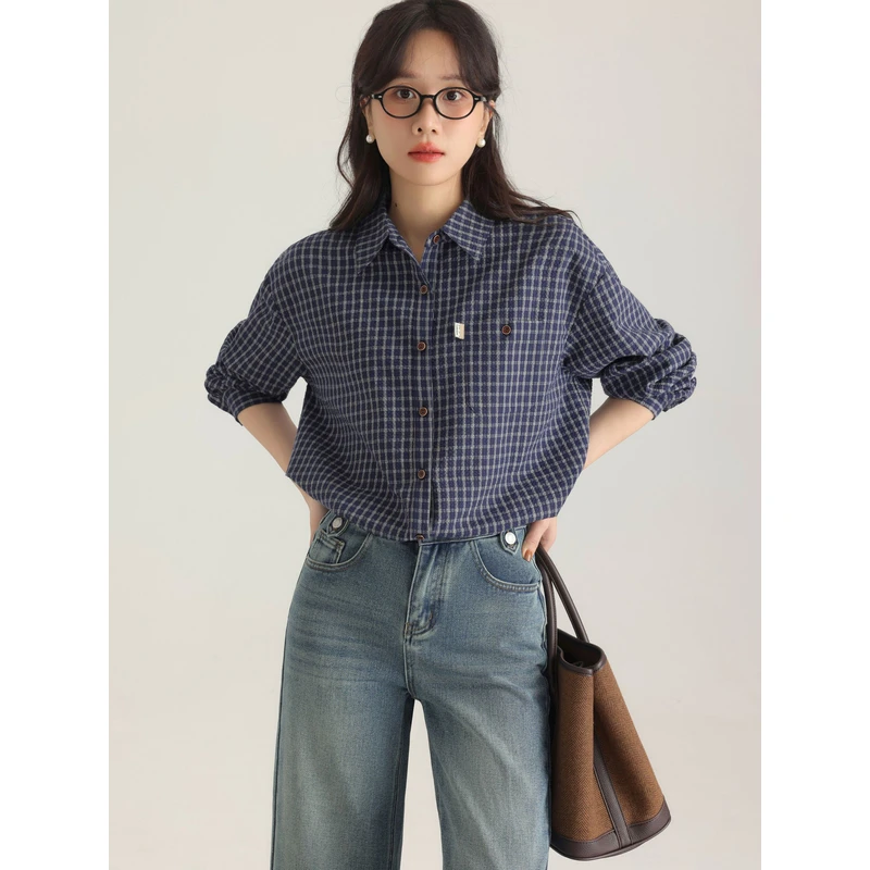 瞌睡兔格子落肩袖衬衫女春宽松叠穿通勤复古休闲衬衣开衫246501