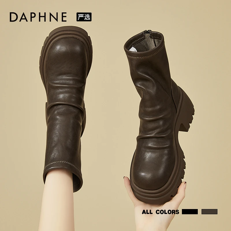 达芙妮美拉德短靴马丁靴女款冬季新款加绒保暖裤管靴西部中筒短靴