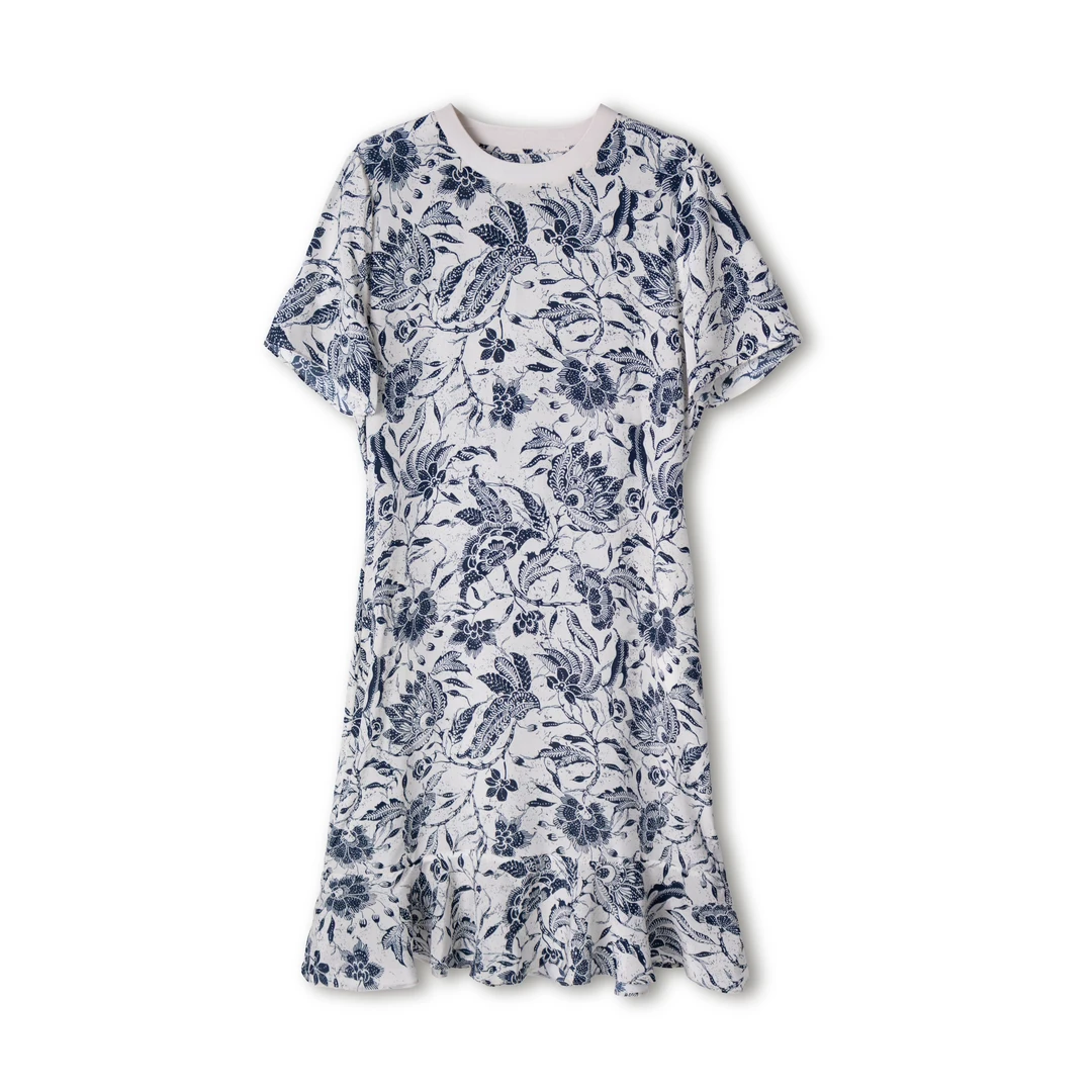 微澜【青花瓷】夏季04双绉100%桑蚕丝碎花休闲圆领连衣裙2025-061