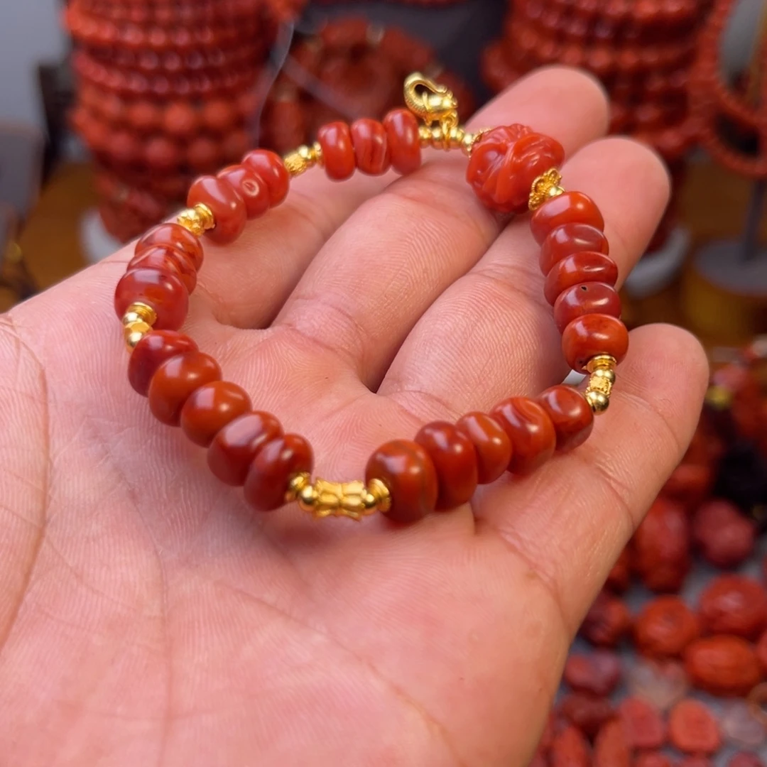 南红玛瑙瓦西精工藏扣手串卡8.➕银S925镀金镶嵌