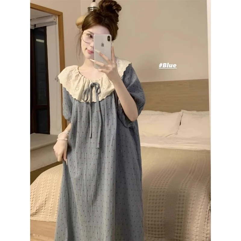 韩版波点睡裙女款夏季短袖甜美蕾丝圆领中长款睡衣裙家居服可外穿