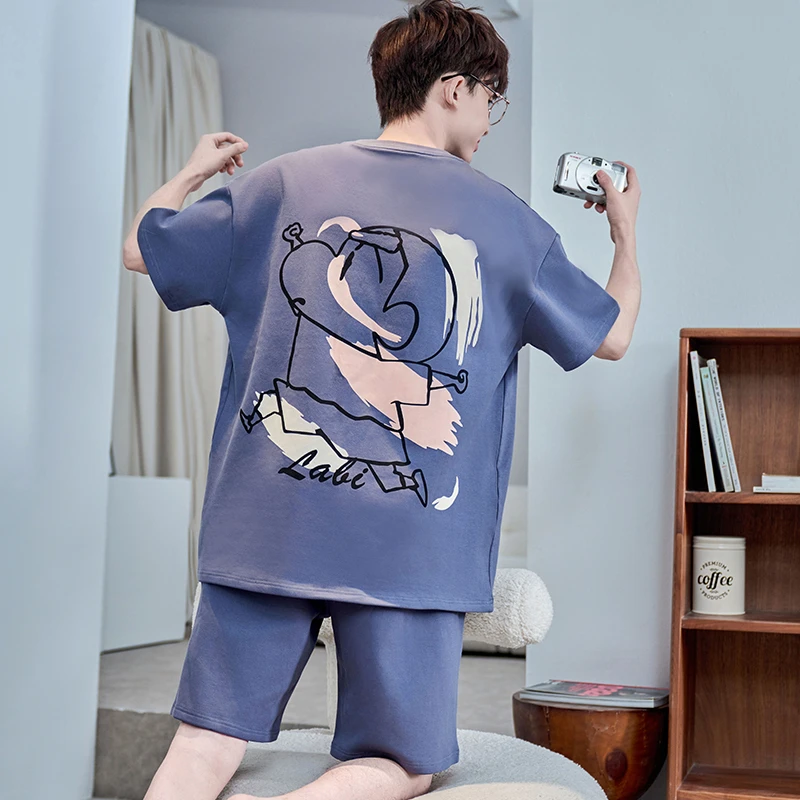 睡衣男款纯棉100%全棉夏季短袖青少年大码卡通男士家居服套装夏天