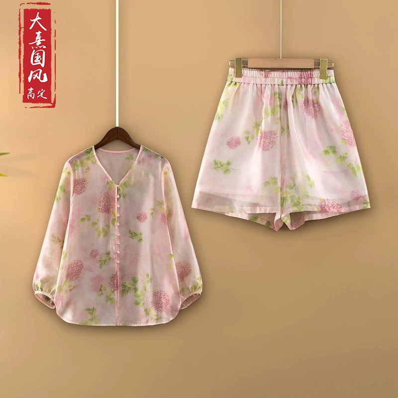 【绿野繁花】夏季2025新款新中式国风套装女装宽松上衣+短裤两件套