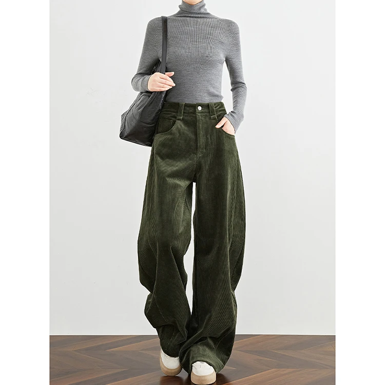 SUDU2025秋冬复古绿色灯芯绒长裤女宽松休闲百搭高腰阔腿镰刀裤子