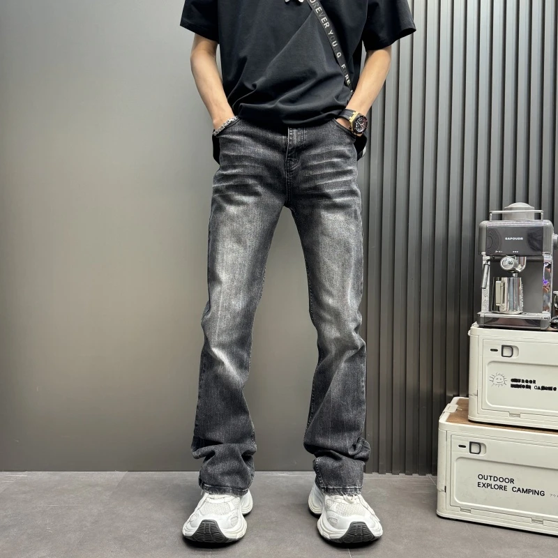 微喇小直筒纯色黑色修身显瘦牛仔裤休闲百美式做旧弯刀微喇牛仔裤