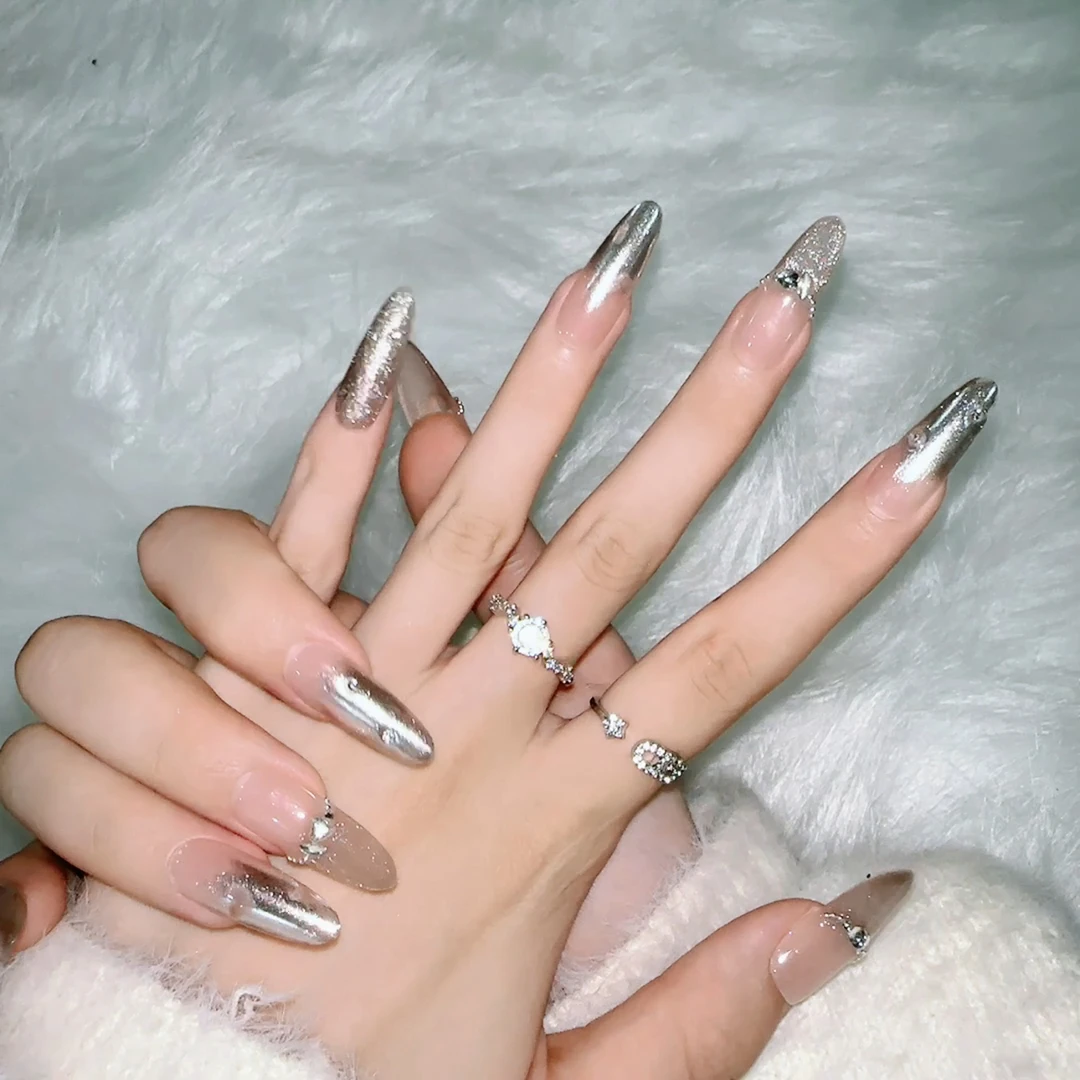 美甲师纯手工作穿戴甲浪漫法式巴黎猫眼款堆钻长椭圆镀晶封层美甲