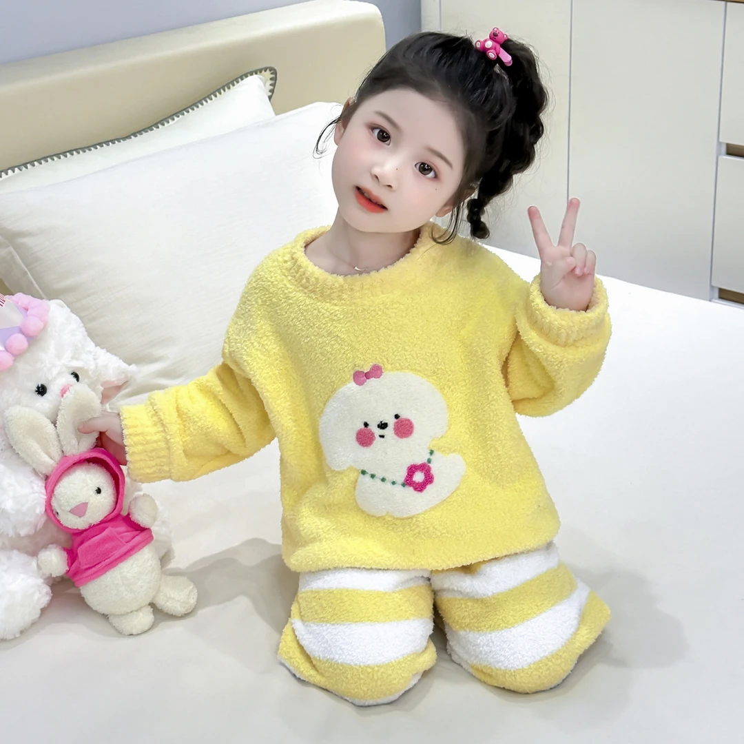 女童冬季珊瑚绒睡衣2025新款女孩宝宝加厚半边绒儿童秋冬款家居服
