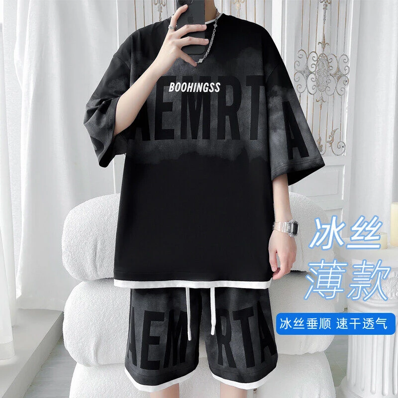 假两件字母冰丝套装男士夏季新款宽松百搭潮流休闲短裤短袖两件套