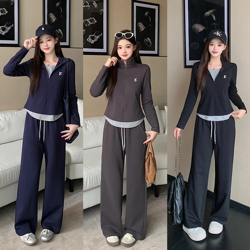哺乳衣外穿大码女秋季时尚假两件显瘦半开领刺绣上衣阔腿裤套装