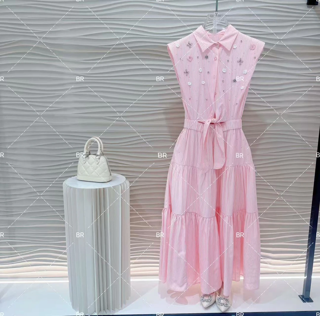 LJ【BASSIRIANA】夏季新长裙手工钩花细条纹烫钻翻领无袖连衣裙5222