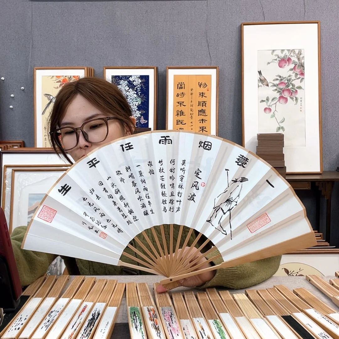 国画10寸玉竹-纯手绘-文玩扇骨（默认粘好）