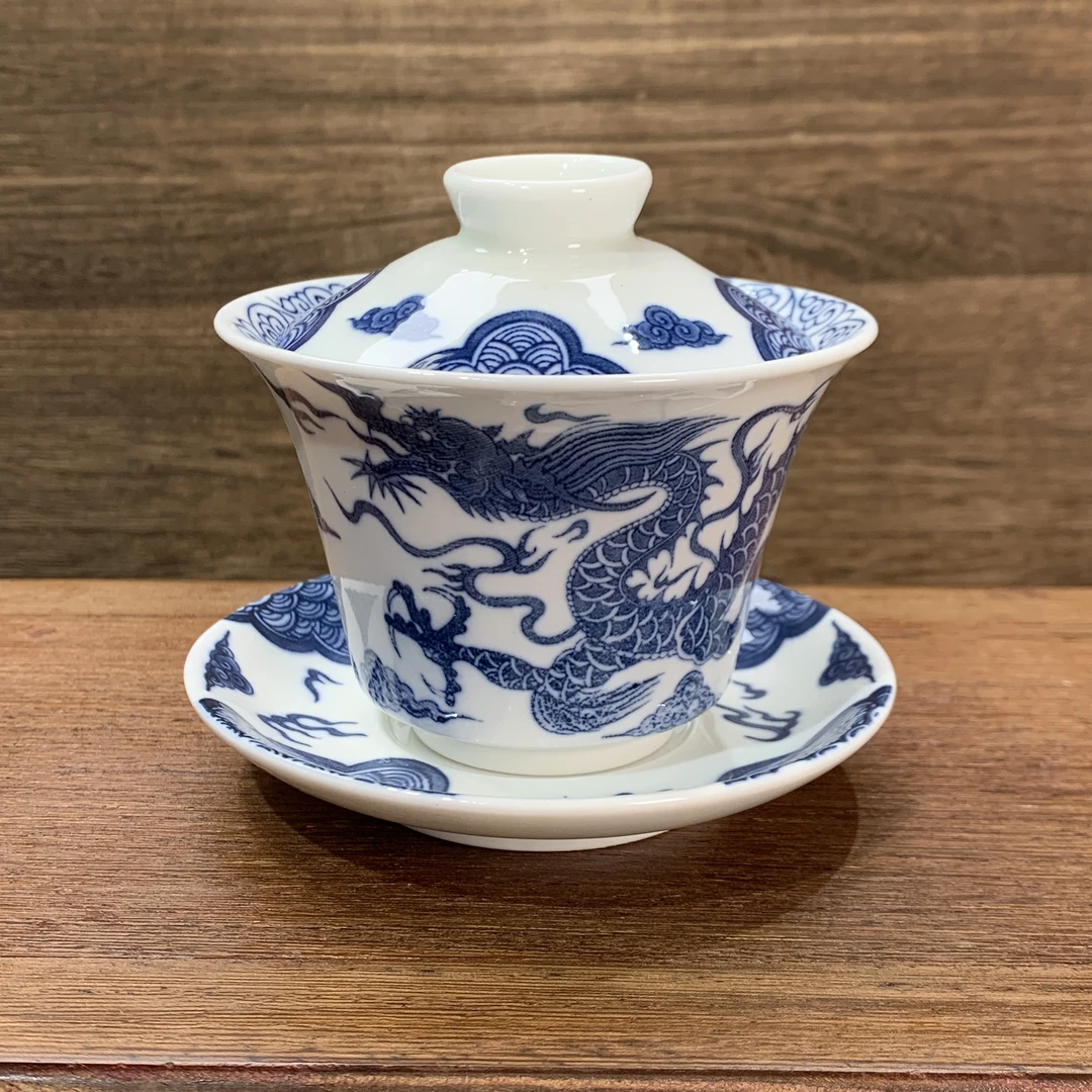 青花  青龙悬停盖碗      白瓷      陶瓷茶盖碗釉下青